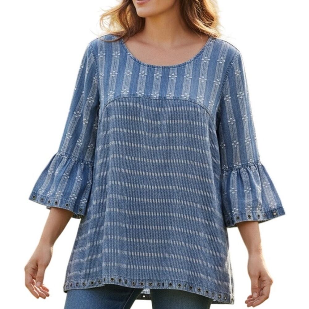 John Mark Bell Sleeve Top Womens Large Chambray Blue Cream Mixed Print Grommet